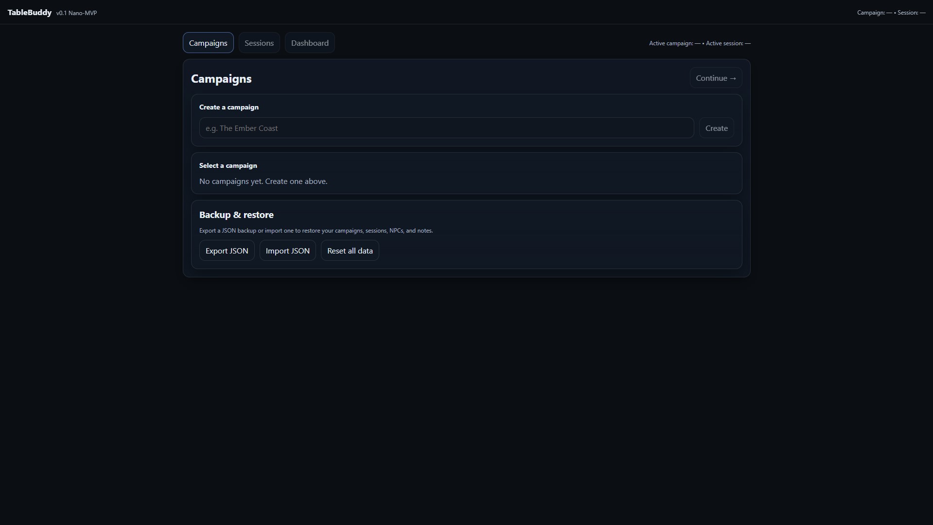 TableBuddy campaign screen showing local backup and restore controls